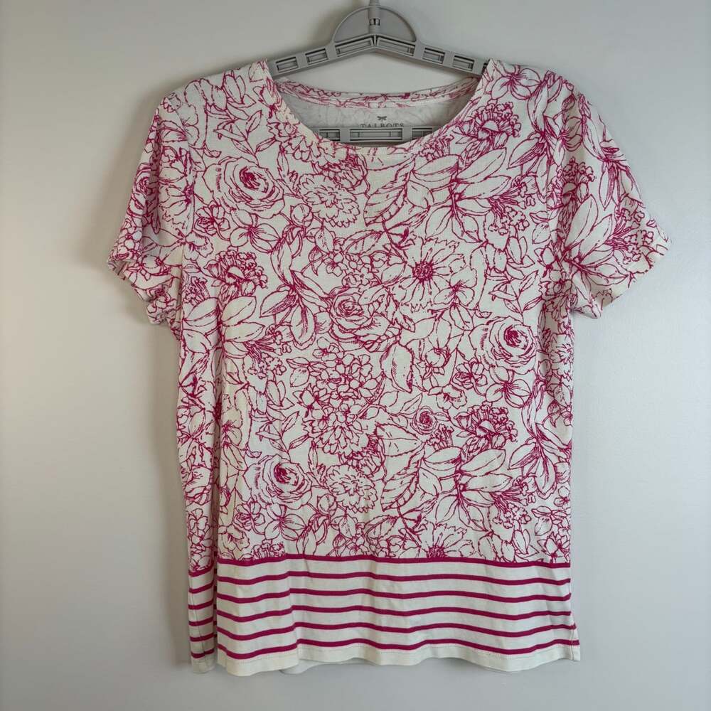 Talbots short sleeve floral tee women L 100% pima cotton stretch knit pink cream